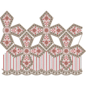 Geometric Floral Lace Embroidery Design with Hexagonal Motifs and Scalloped Fringe Border