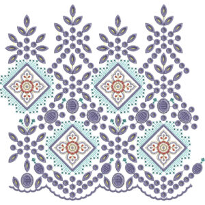 Geometric Floral Lace Embroidery Design with Diamond Motifs and Scalloped Lace Border