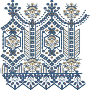 Geometric Floral Lace Embroidery Design with Hexagonal Frames and Ornamental Border