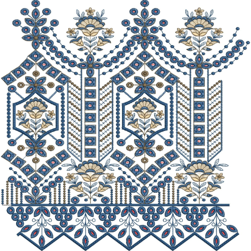 Geometric Floral Lace Embroidery Design with Hexagonal Frames and Ornamental Border