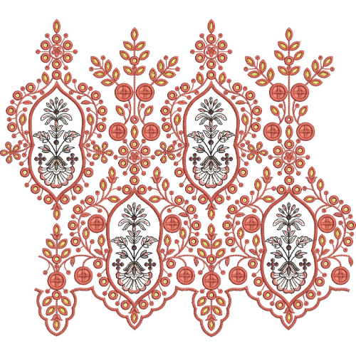 Ornamental Floral Lace Embroidery Design with Oval Medallions and Botanical Vine Motifs