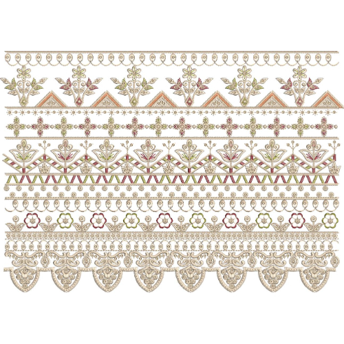 Multi-Layer Ornamental Lace Embroidery Border with Floral Motifs and Scalloped Edge