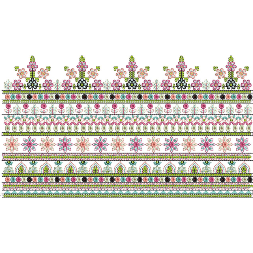 Multi-Layer Floral Lace Embroidery Border with Decorative Bands and Botanical Motifs