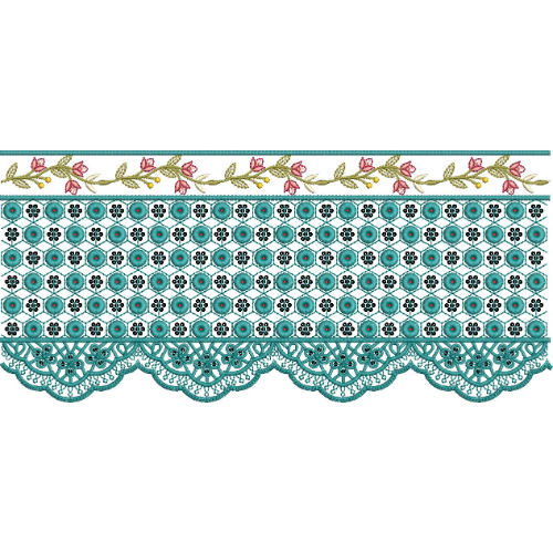 Floral Lace Embroidery Border with Rose Vine, Geometric Panel, and Scalloped Lace Edge