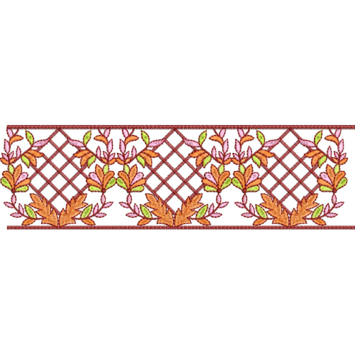 Floral Lattice Lace Embroidery Border with Leaf Motifs and Diamond Grid Pattern