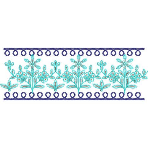 Floral Lace Embroidery Border with Loop Edging and Stylized Leaf Motifs