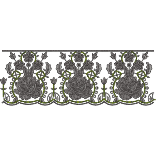 Rose Floral Lace Embroidery Border with Scalloped Edge and Ornamental Vine Detailing