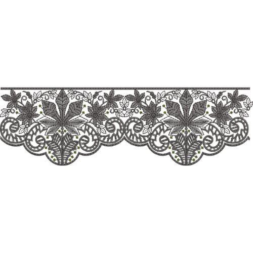Ornamental Floral Lace Embroidery Border with Scrollwork and Scalloped Design