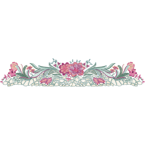 Elegant Symmetrical Floral Lace Border Embroidery with Central Bloom and Textured Leaf Base