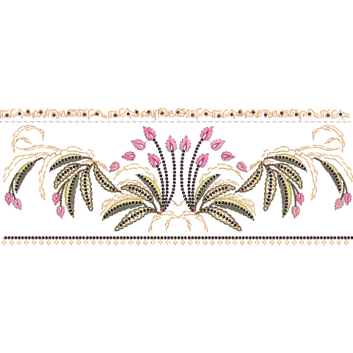 Symmetrical Ornamental Lace Border Embroidery with Stylized Leaf Sprays and Decorative Dot Detailing