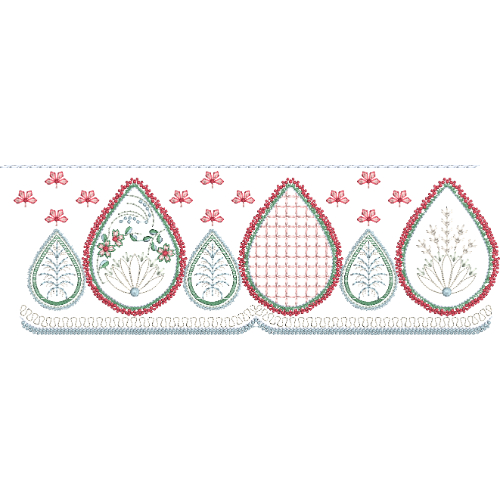 Decorative Paisley Lace Border Embroidery with Floral Fill and Geometric Mesh Detailing