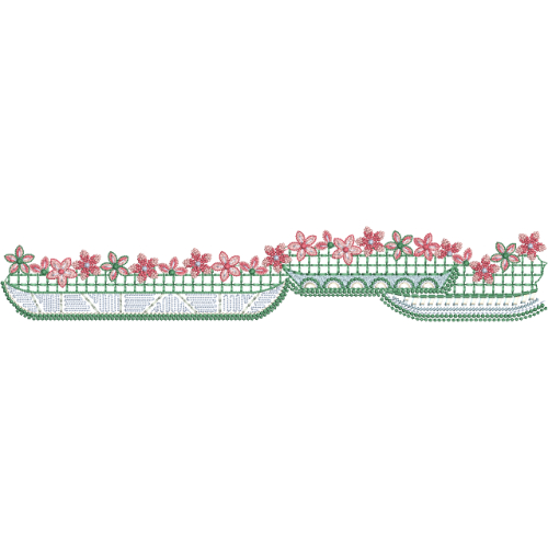 Floral Basket Lace Border Embroidery with Structured Grid Base and Decorative Scalloped Edges