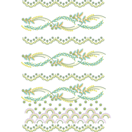 Multi-Layer Decorative Lace Border Embroidery with Floral Vines, Scalloped Edges, and Ornamental Dot Detailing