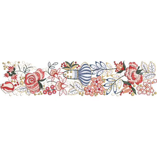 Vintage Floral Lace Border Embroidery with Rose Motifs and Decorative Botanical Detailing