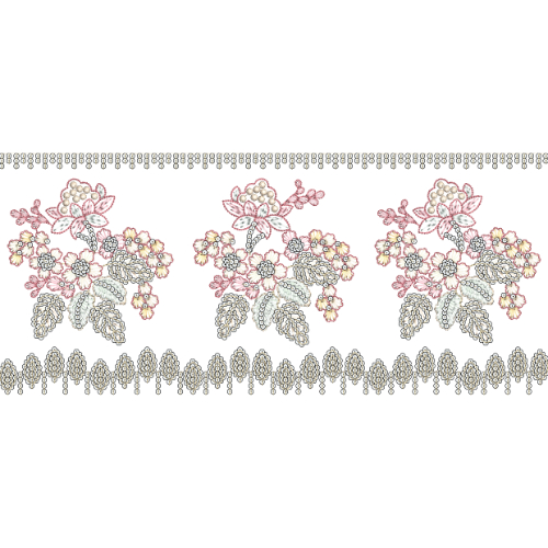 Delicate Floral Lace Border Embroidery with Repeating Blossom Clusters and Ornamental Edge Detailing