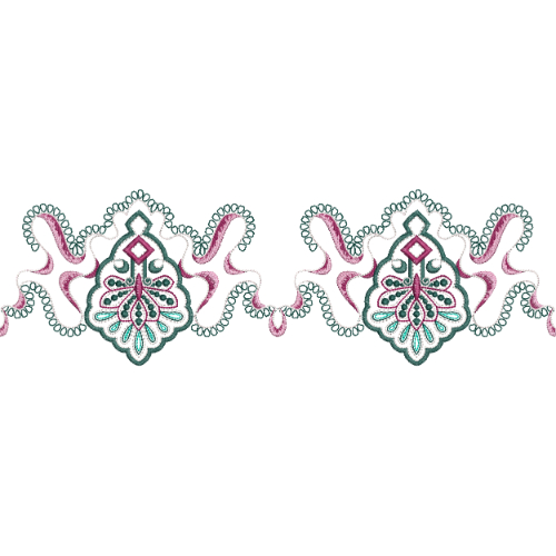 Ornamental Lace Border Embroidery with Central Motif and Flowing Ribbon Detailing