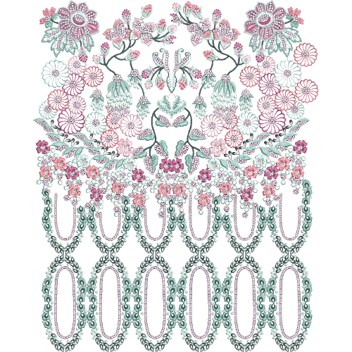 Intricate Floral Lace Panel Embroidery with Symmetrical Arrangement and Decorative Loop Borders