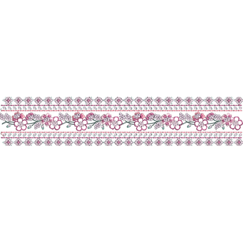 Delicate Floral Lace Border Embroidery with Symmetrical Blossom Motifs and Decorative Linear Bands