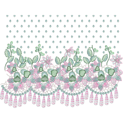 Intricate Floral Lace Border Embroidery with Hanging Teardrop Elements and Scattered Dot Accents
