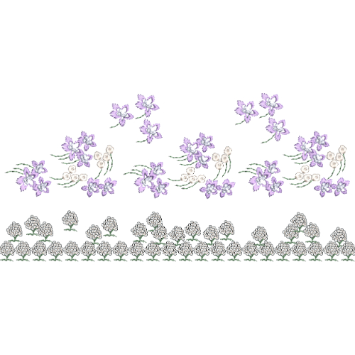 Delicate Floral Lace Border Embroidery with Scattered Blossom Motifs and Detailed Lower Floral Band