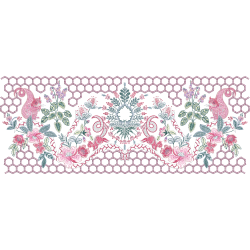 Ornamental Floral Lace Border Embroidery with Honeycomb Background and Bird Motif Detailing