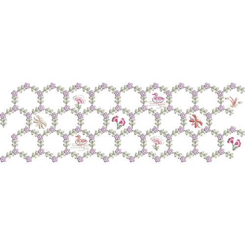 Floral Hexagon Lace Border Embroidery with Bird Motifs and Delicate Vine Framework