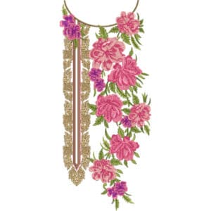 Luxurious Pink Floral Neckline Embroidery with Ornamental Gold Panel Design