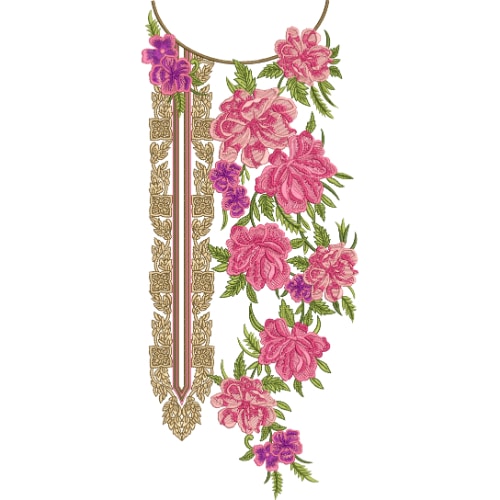 Luxurious Pink Floral Neckline Embroidery with Ornamental Gold Panel Design