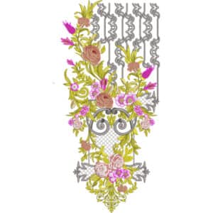 Ornate Floral Neckline Embroidery Design with Scrollwork and Vertical Bar Detailing