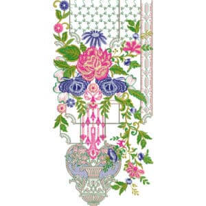 Multicolor Floral Neckline Embroidery Design with Ornate Vase and Lattice Detailing