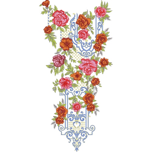 Rich Multicolor Rose Neckline Embroidery Design with Elegant Blue Ornamental Scrolls