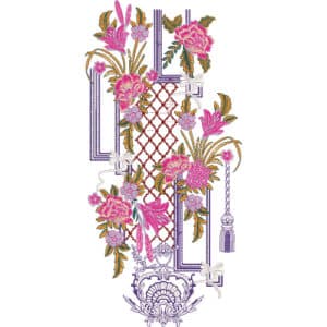 Vibrant Pink Floral Neckline Embroidery Design with Geometric Frame and Tassel Accents