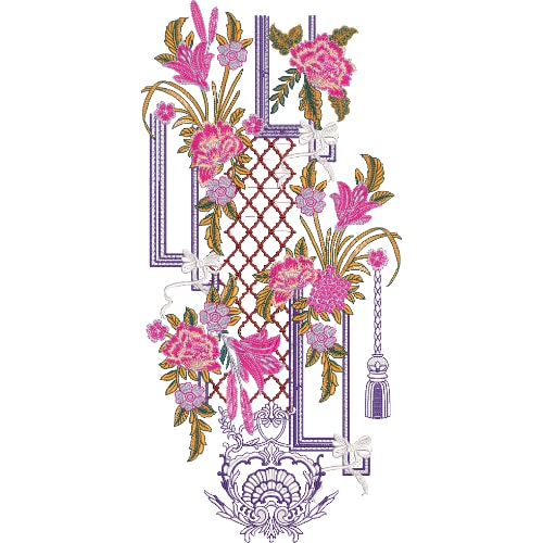 Vibrant Pink Floral Neckline Embroidery Design with Geometric Frame and Tassel Accents