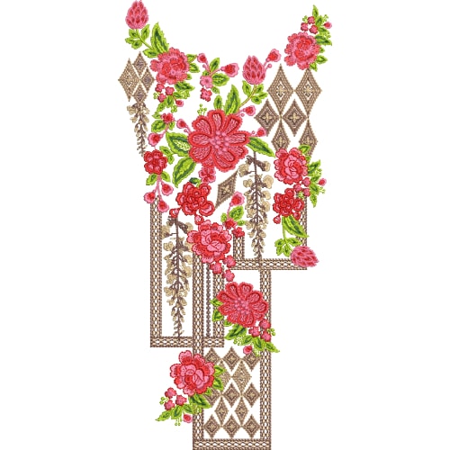 Stylish Red Floral Neckline Embroidery Design with Geometric Diamond Panel Detailing