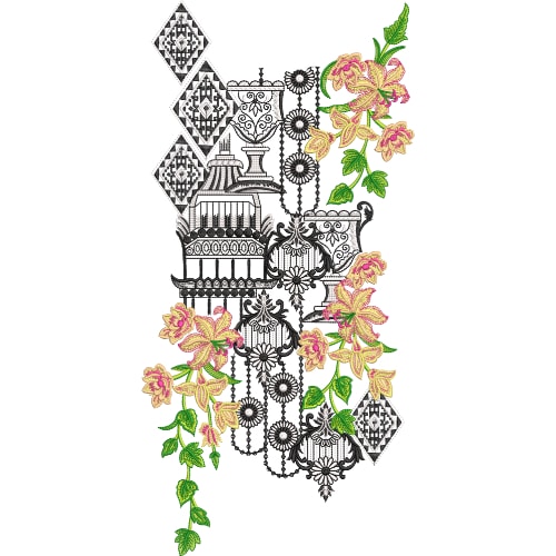 Artistic Floral Neckline Embroidery Design with Monochrome Architectural Motifs