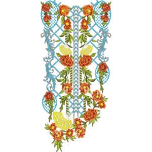 Elegant Orange Floral Neckline Embroidery Design with Symmetrical Blue Ornamental Framework