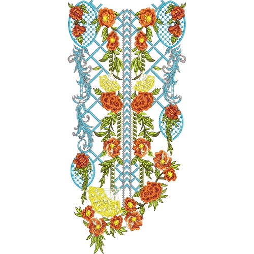 Elegant Orange Floral Neckline Embroidery Design with Symmetrical Blue Ornamental Framework
