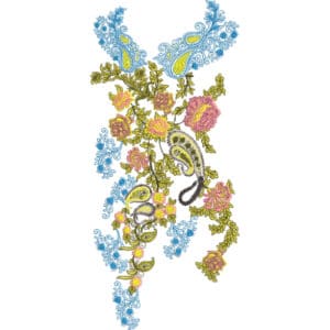 Elegant Paisley Floral Neckline Embroidery Design with Soft Blue Ornamental Accents