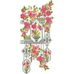 Graceful Pink Floral Neckline Embroidery Design with Ornamental Frame and Vase Motifs