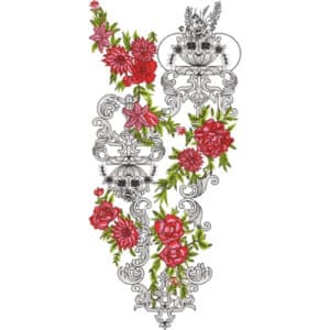 Elegant Red Floral Neckline Embroidery Design with Classic Monochrome Ornamental Scrollwork