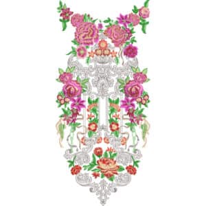 Luxurious Pink Rose Neckline Embroidery Design with Ornate Symmetrical Scrollwork