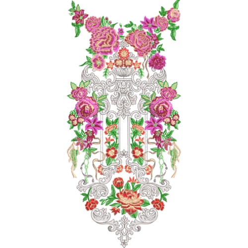 Luxurious Pink Rose Neckline Embroidery Design with Ornate Symmetrical Scrollwork