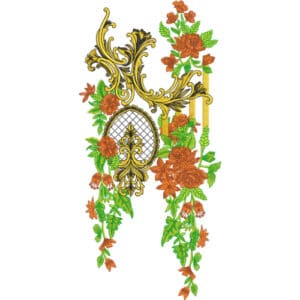 Ornate Orange Floral Neckline Embroidery Design with Royal Gold Scrollwork