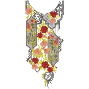 Elegant Multicolor Floral Neckline Embroidery Design with Intricate Grey Ornamental Detailing