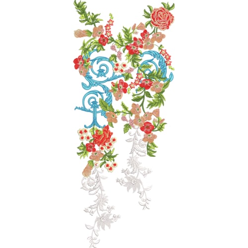 Artistic Multicolor Floral Neckline Embroidery Design with Elegant Blue Scroll Accents