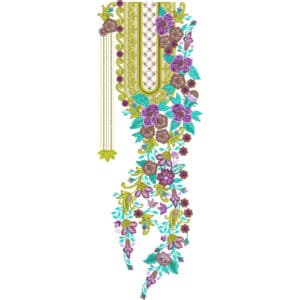 Elegant Purple Floral Neckline Embroidery Design with Ornamental Panel and Hanging Thread Detailing