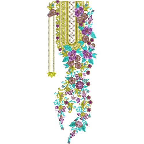 Elegant Purple Floral Neckline Embroidery Design with Ornamental Panel and Hanging Thread Detailing