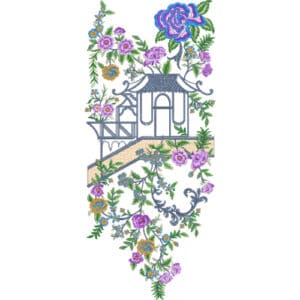 Artistic Floral Neckline Embroidery Design with Architectural Pavilion Motif