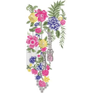 Multicolor Floral Neckline Embroidery Design with Elegant Vertical Ornament and Hanging Bead Details