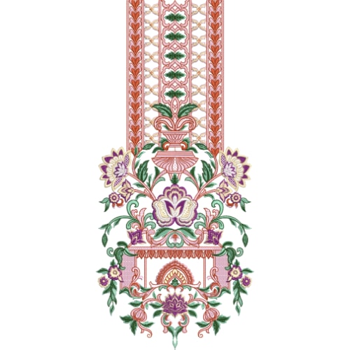 Traditional Floral Neckline Embroidery Design with Ornate Vertical Panel and Symmetrical Motifs